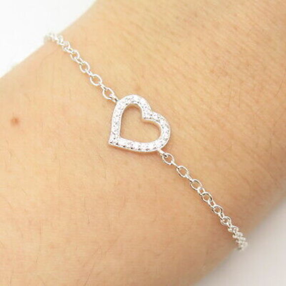925 Sterling Silver Pave C Z Open Heart Charm Cable Link Bracelet 8" - Picture 1 of 6